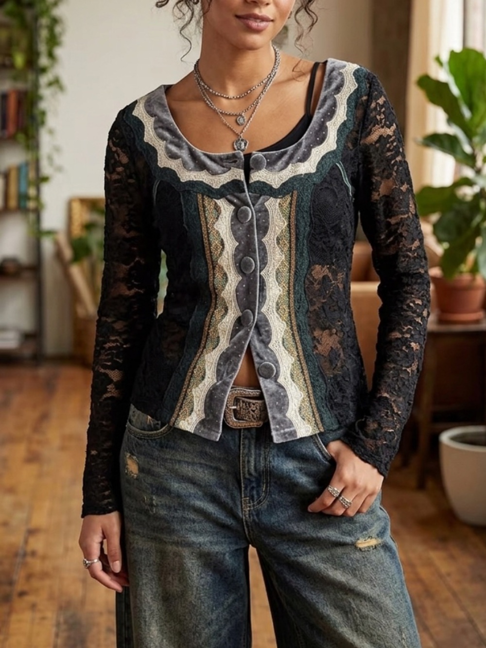 Y2K Fairy Grunge Whimsigoth Floral stretch lace tapestry velvet Trim Cardigan XL